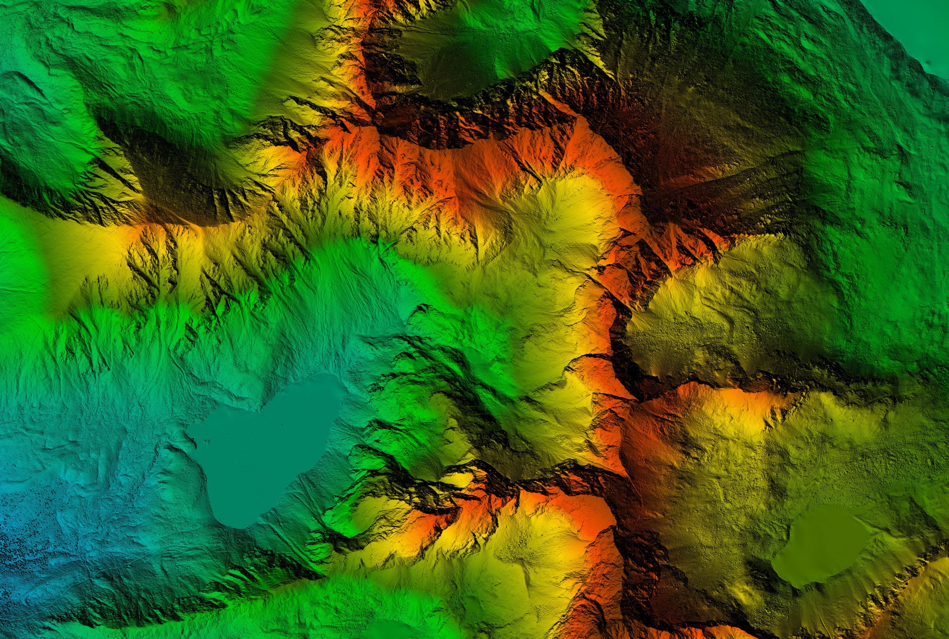 Elevation model made after proccesing aerial pictures taken from a drone showing rocky mountain peaks.